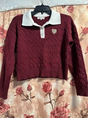 Burgundy Cable-Knit Long Sleeve Polo Sweater with White Collar